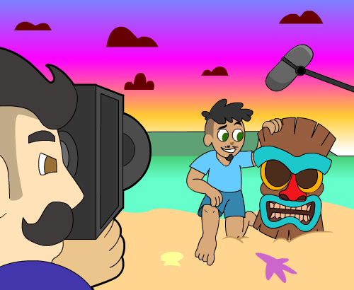 Man filming a 30-something Hispanic male with black hair in a T-shirt and shorts next to a large Hawaiian mask on the beach