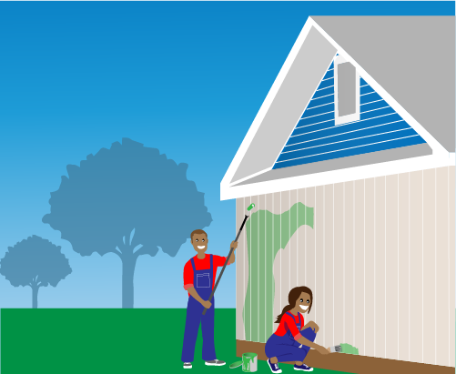 Illustration of a man and woman wearing overalls and painting the outside of their house green