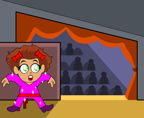 A cartoon girl hiding behind a stage curtain. She is wearing a costume and looks scared