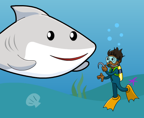 Cartoon of a shark and a swimmer. The swimmer holds a hook that he has just removed from the shark’s mouth