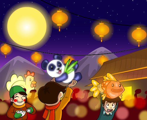 Cartoon of three kids at a crowded festival; one is eating, one has a panda lantern, and another has a fish lantern.
