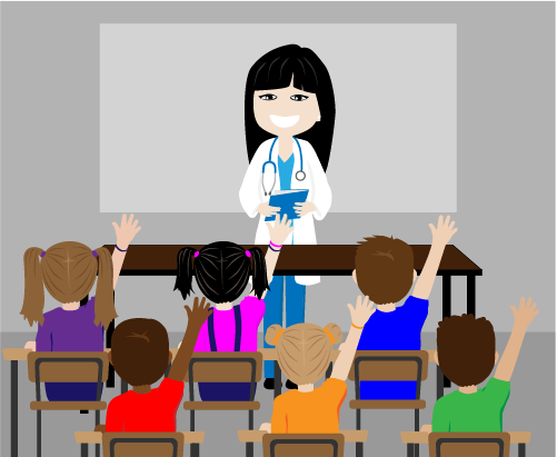 Illustration of a doctor in a white coat talking to some children. The children are raising their hands to ask a question.