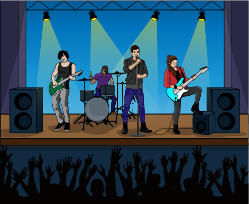An illustration of a band playing instruments on stage in front of a large crowd of excited fans.
