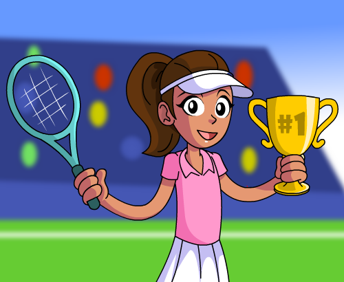 Cartoon girl in tennis clothes holding a trophy in one hand and a tennis racket in the other.