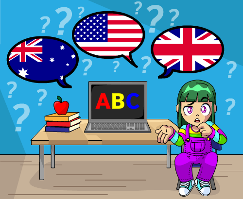 Cartoon of girl at desk with laptop and books. Bubbles above her show the Australian, United States, and British flags.