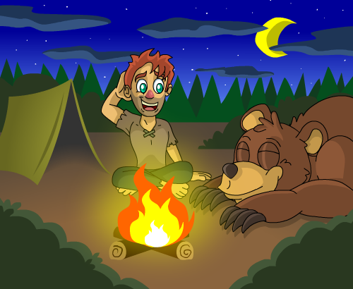 A man sitting by a campfire in the wilderness, looking at a sleeping bear by the fire