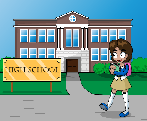 Illustration of a girl smiling in front of a school with a sign on the lawn saying “High School