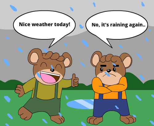 Cartoon bears wearing clothes in the rain. One bear says the weather is nice, the other says it is raining and looks unhappy.