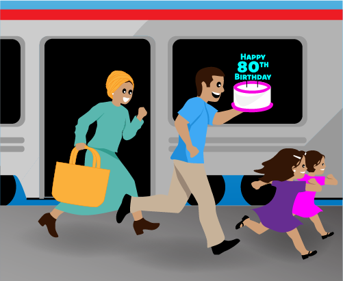 Cartoon of a family running at train station carrying a bag and a cake saying “Happy 80th Birthday.