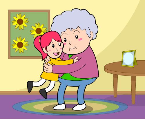 Cartoon of an older woman and young girl hugging