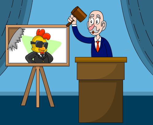Picture of a man with a gavel in front of a picture of a chicken with sunglasses.