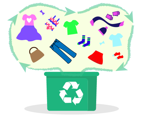 A green bin with recycling logo. Above are fashion items such as jeans, ties, shirts, gloves, socks, and more