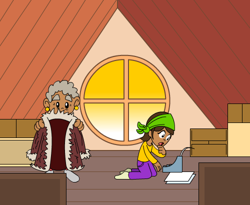 Cartoon girl and grandmother in an attic. The grandmother holds a fur coat and the girl sits on the floor with a typewriter.
