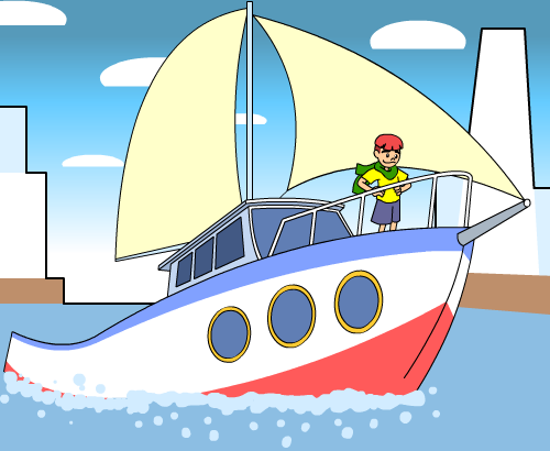 An illustration of a boy on a large boat entering a gate or port on a blue ocean