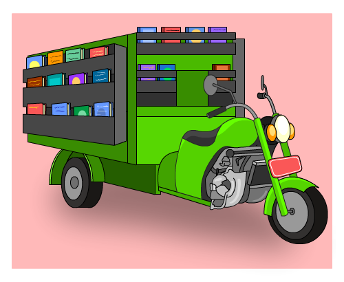 Illustration of a three-wheeled bike with a cart full of books behind it