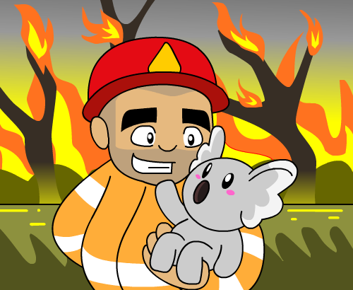 A fireman rescuing a koala from a forest fire; in the background trees are burning