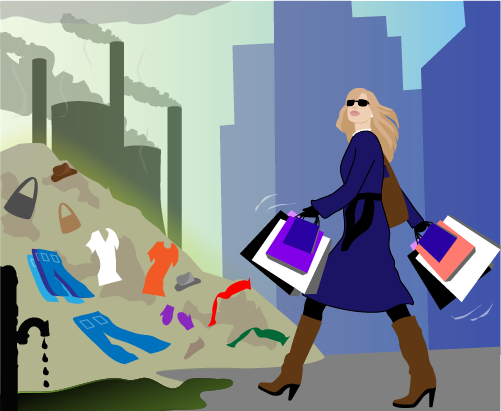 A woman in a dress, coat, sunglasses, and boots carrying several bags walking by a large pile of trash filled with clothes