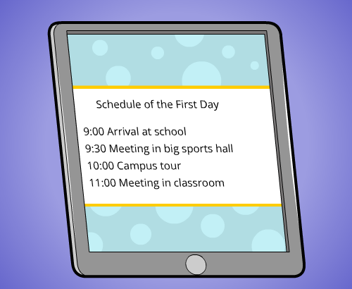 Illustration of a tablet screen with the schedule for the first day of school.