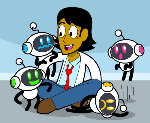 Cartoon woman in a lab coat sitting with four small robots: One is happy, one is sad, one is surprised, and one is upset.