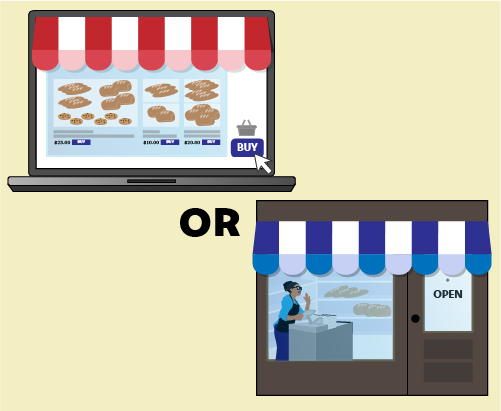 Image of a laptop with an online bakery on the screen in one corner and an illustration of a bakery from the street.