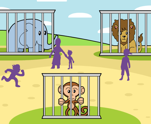 Cartoon of three animals in their own cages: an elephant, a lion, and a monkey.
