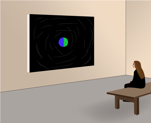 Illustration of a woman on a bench in an art gallery looking at a painting of a small green and blue circle on a black canvas