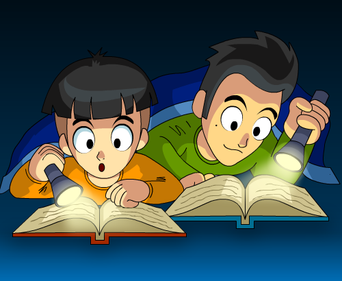 An illustration of two brothers sharing a blanket, each reading their own book using a flashlight