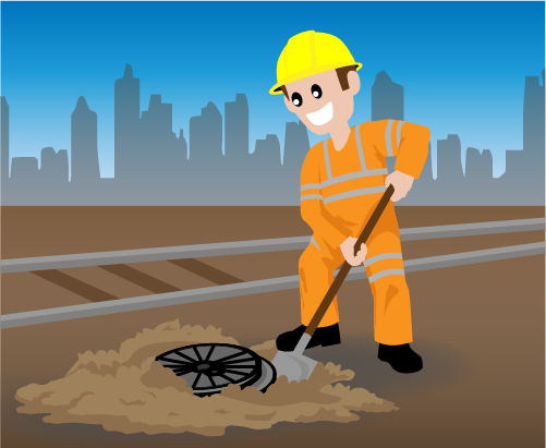 Image of a construction worker digging up a metal wheel near a railroad line, city buildings in the background.