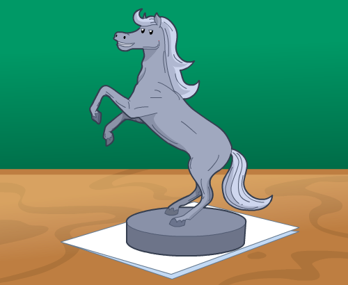 A cartoon of a small stone or metal horse statue on a wooden surface with a folded piece of paper underneath it.