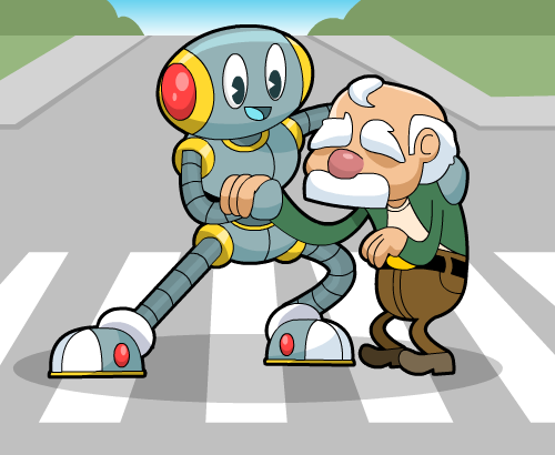 Cartoon of a robot helping an old man cross a busy street: the robot has an arm around the man and holds the man’s hand