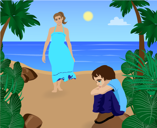 Image of a woman on the beach near a boy seated with his arms around his knees