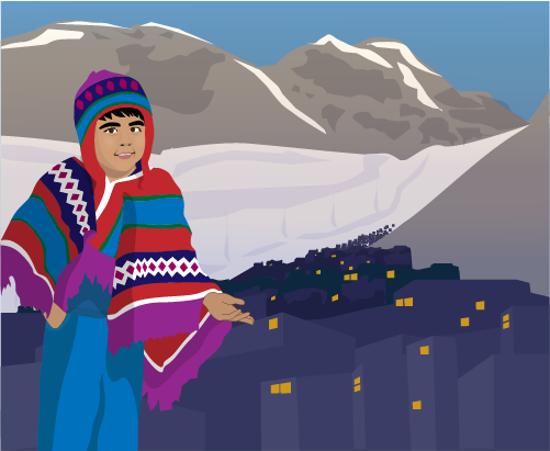 Image of a boy wearing a colorful poncho, background is a snow covered village in the mountains