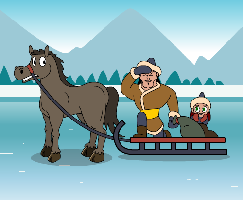 Dad and kid on sleigh, dressed warm. Dad has a sack, covers eyes from sun, child in sunglasses. Horse on two legs with sleigh