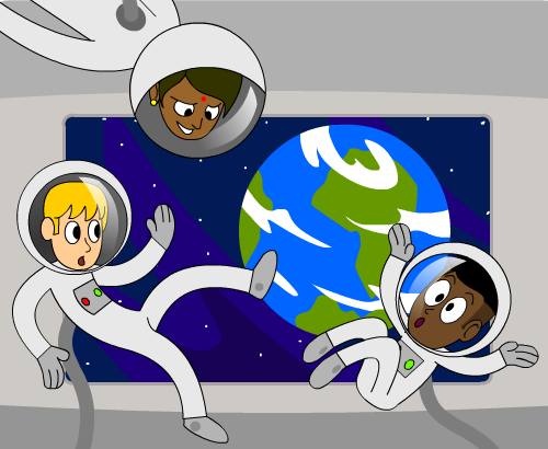 Cartoon of three astronauts doing a space walk in protective gear, a bright big Earth as seen from space in the background