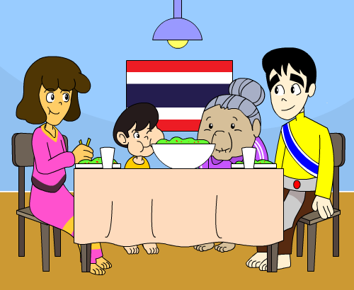 Cartoon family (man, woman, young boy, and grandmother) at a  table with the flag of Thailand in the background
